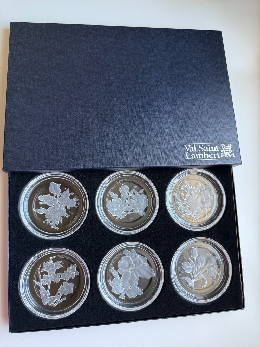 Val Saint Lambert Crystal Floral Etched Coasters, Set Of 6